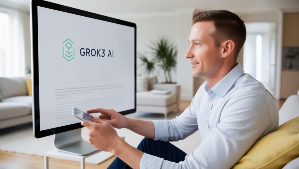 Man looking at a digital screen with the word 'Grok3' displayed in a cozy home environment.