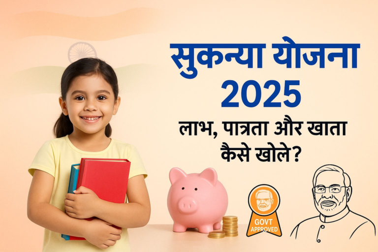 सुकन्या समृद्धि योजना 2025 की प्रमोशनल छवि जिसमें एक बच्ची, पिग्गी बैंक और भारतीय ध्वज दिखाया गया है