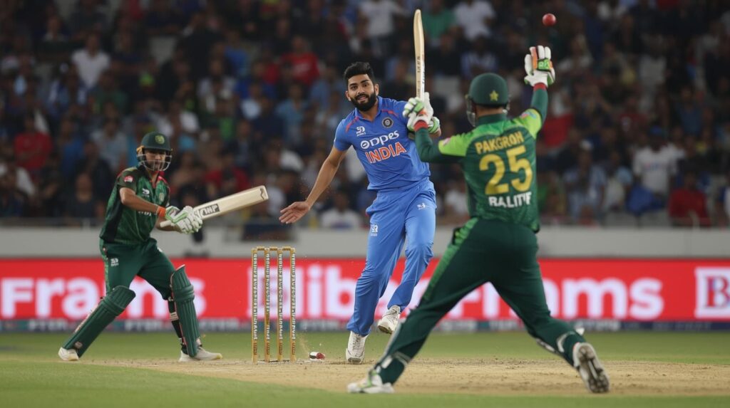 indian bowler delivering a fiery ball to a Pakistani batsman in the Asia Cup 2025 match at a crowded stadium