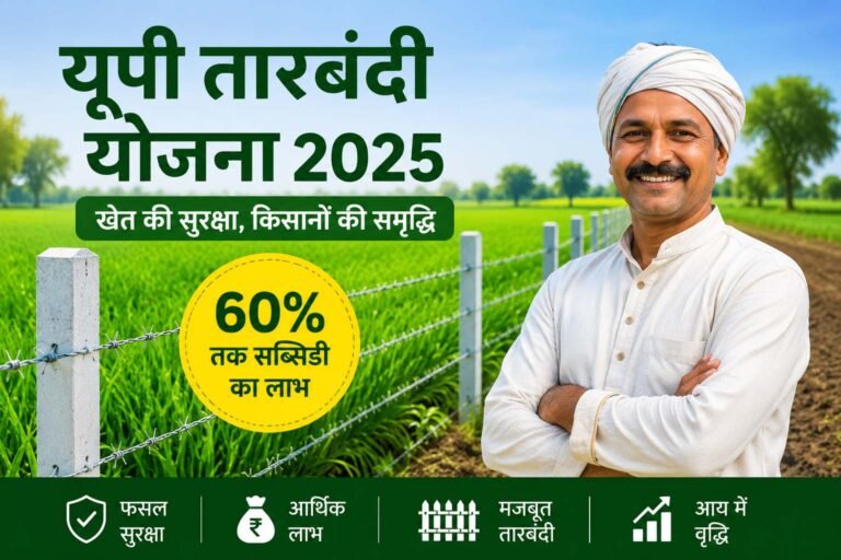 यूपी तारबंदी योजना 2025 में खेत की तारबंदी पर 60 प्रतिशत सब्सिडी दर्शाता किसान और फेंसिंग वाला खेत